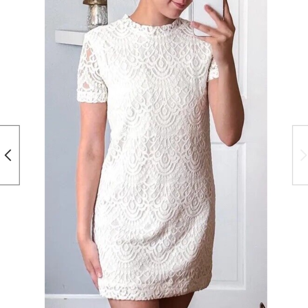 Forever 21 Women's White Lace Crew Neck Short Sleeve Mini Shift Dress Size M